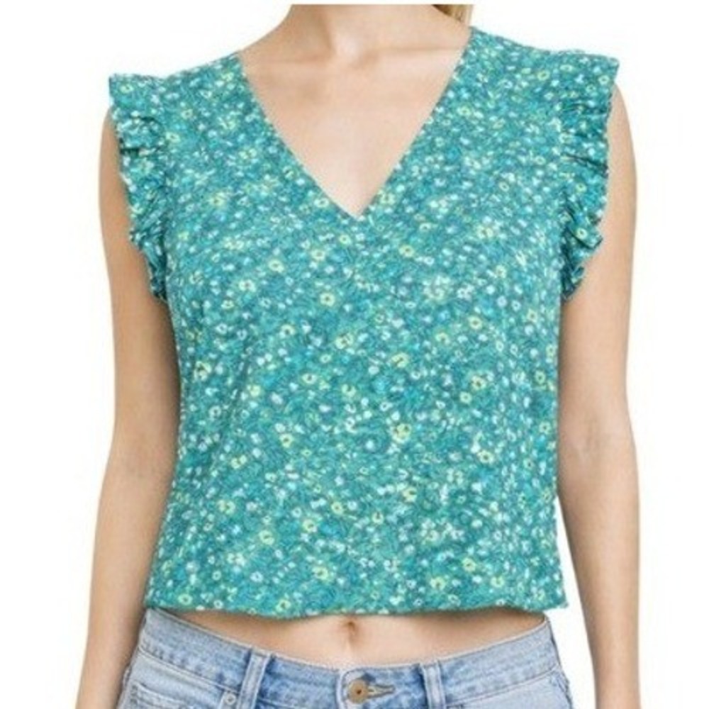 ANA A New Approach NWT Teal Floral Ruffle Sleeveโ Cotton V-Neck Top XL Green